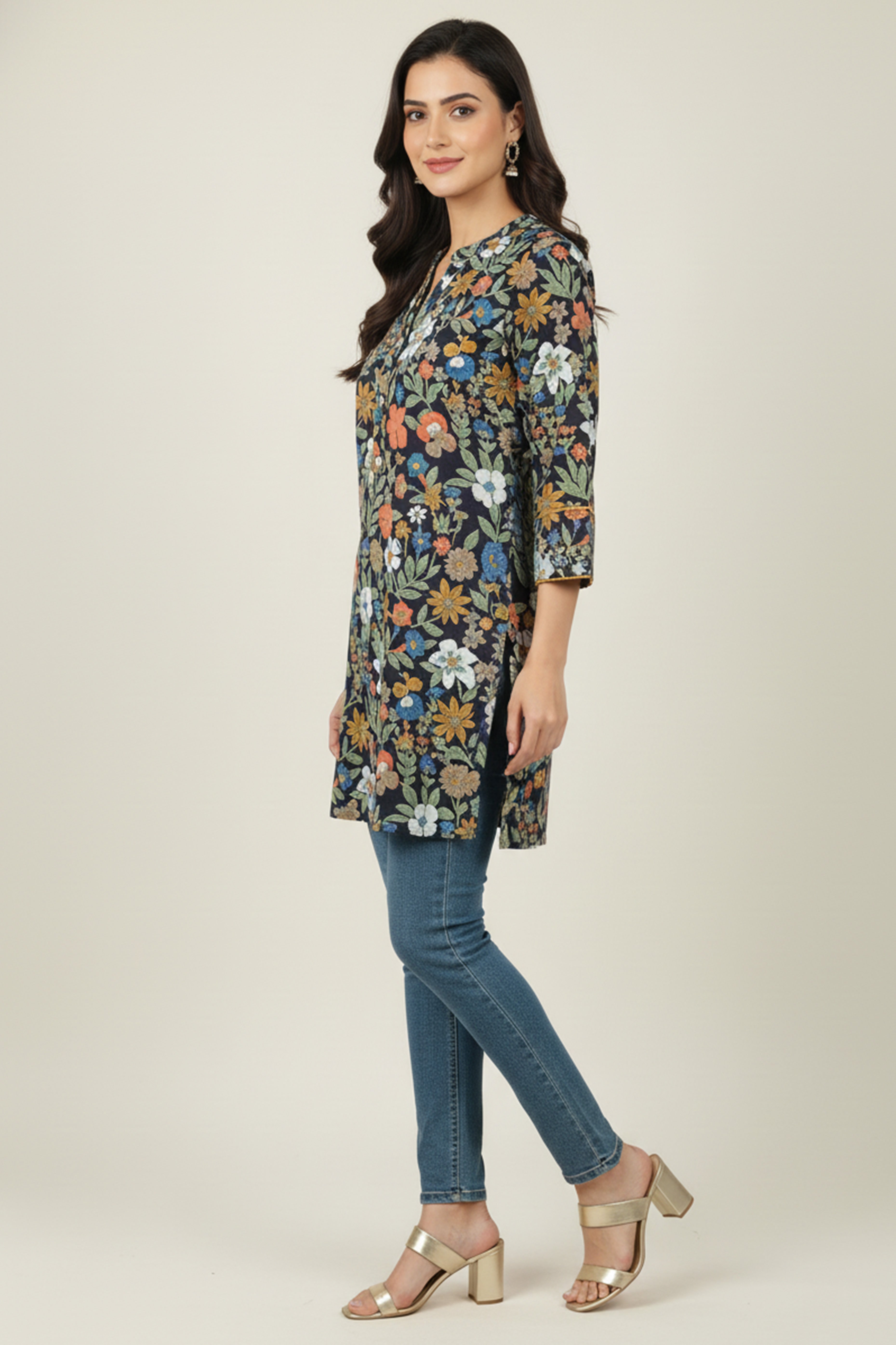 Blue Floral Printed Rayon Kurti Offering a Blend of Comfort and Ethnic Style