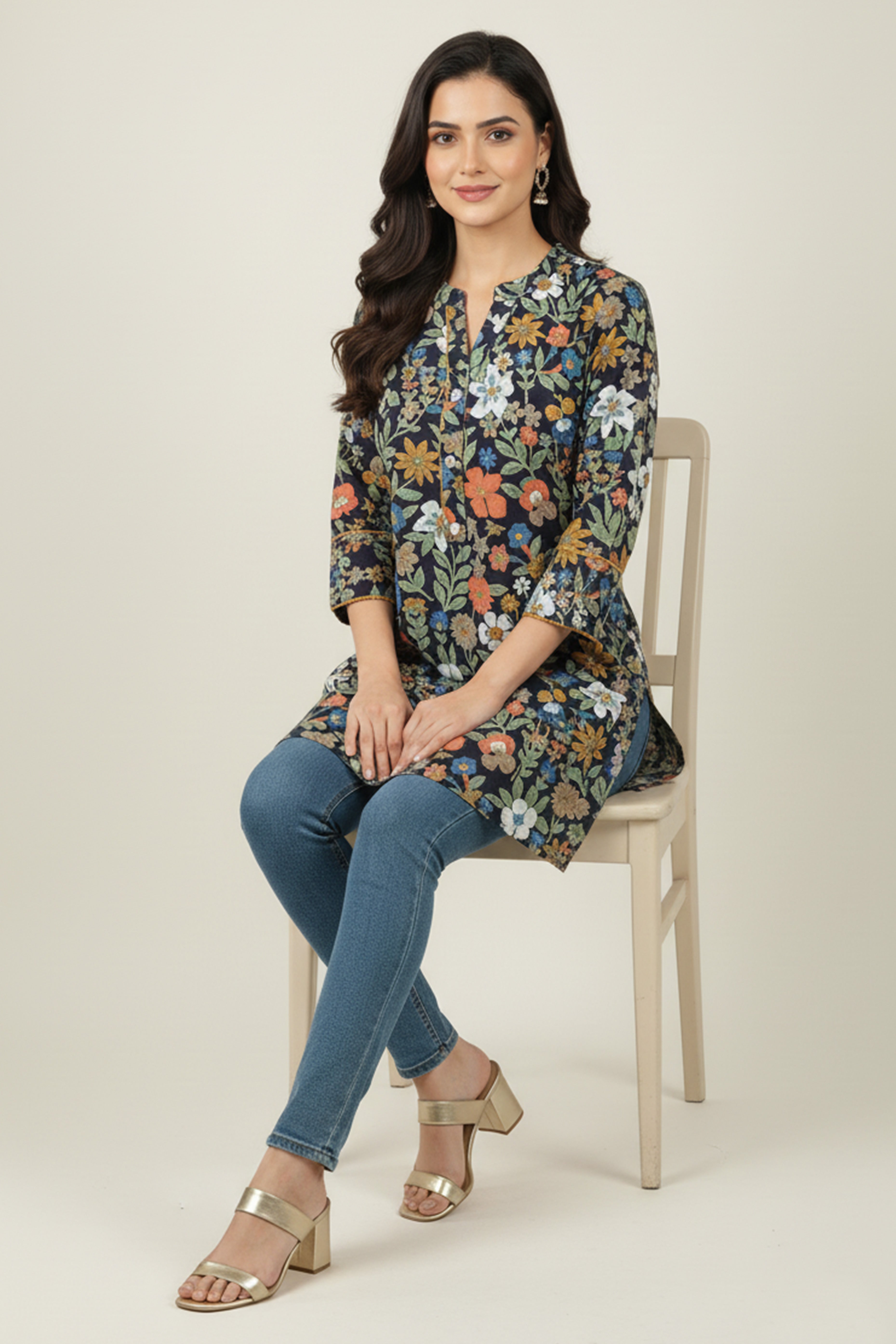 Blue Floral Printed Rayon Kurti Offering a Blend of Comfort and Ethnic Style