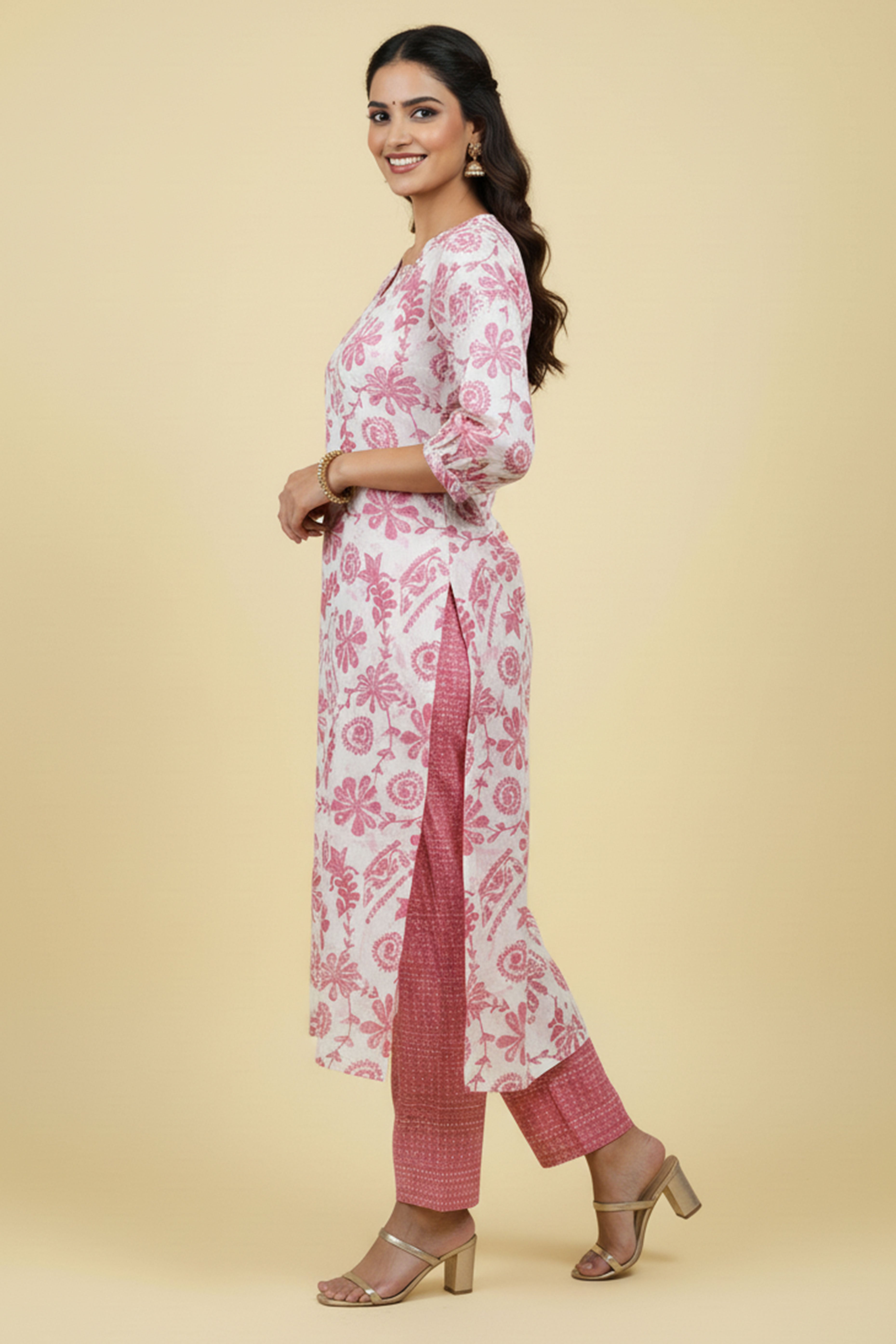Pink Floral Printed Straight Salwar Suit in Lightweight Rayon Slub Fabric