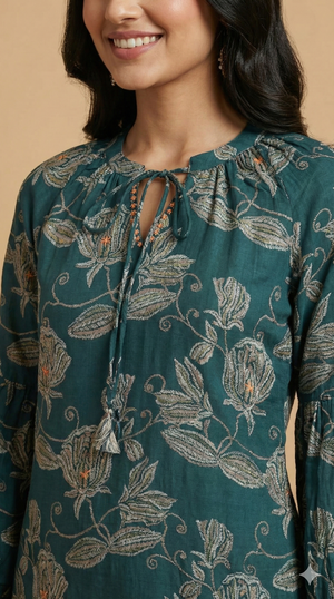 Teal Stylish Straight Cut Viscose Blend Set Adorned with Floral Prints
