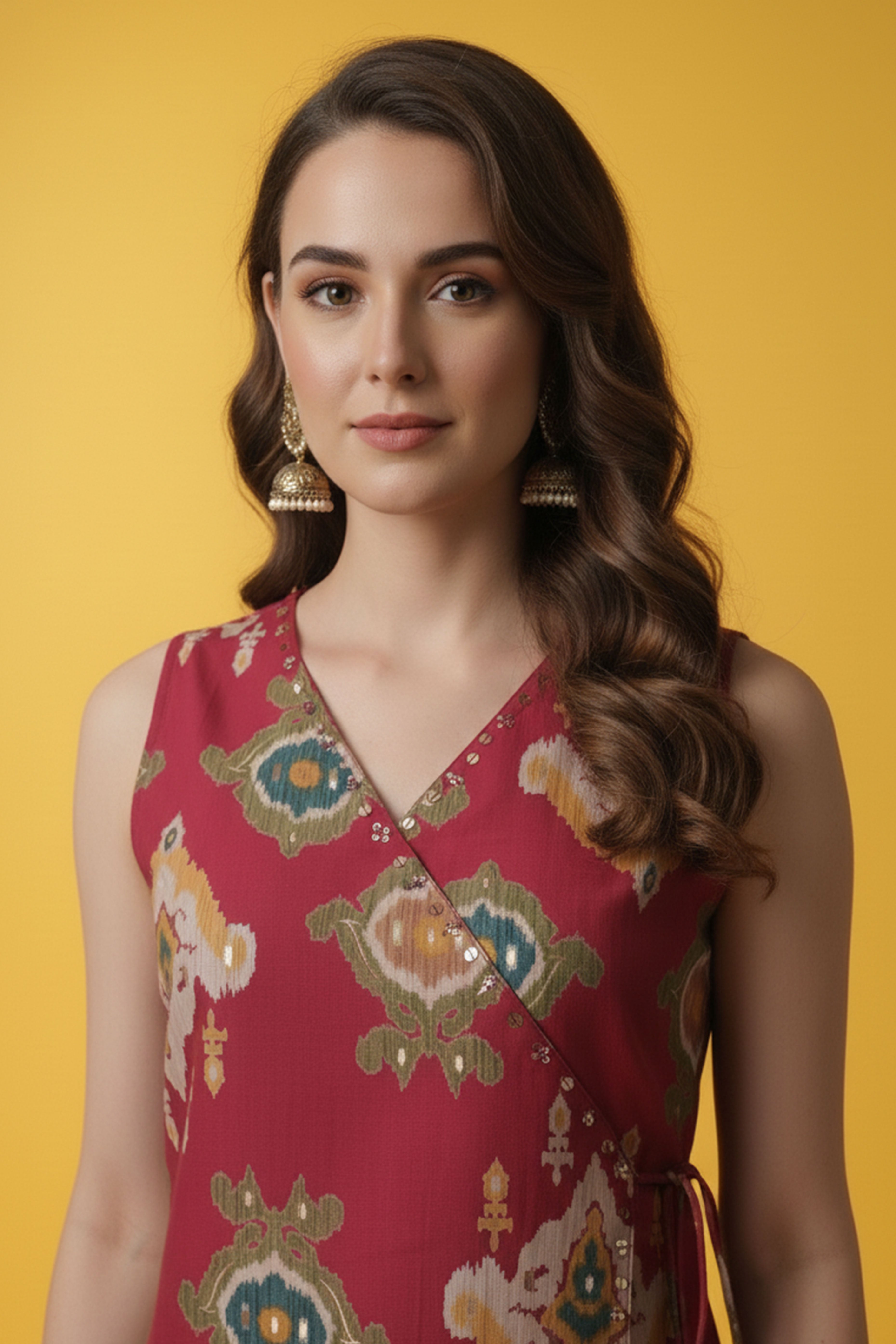 Pink Ikkat Printed Pure Cotton Two-Piece Angrakha Outfit for Women