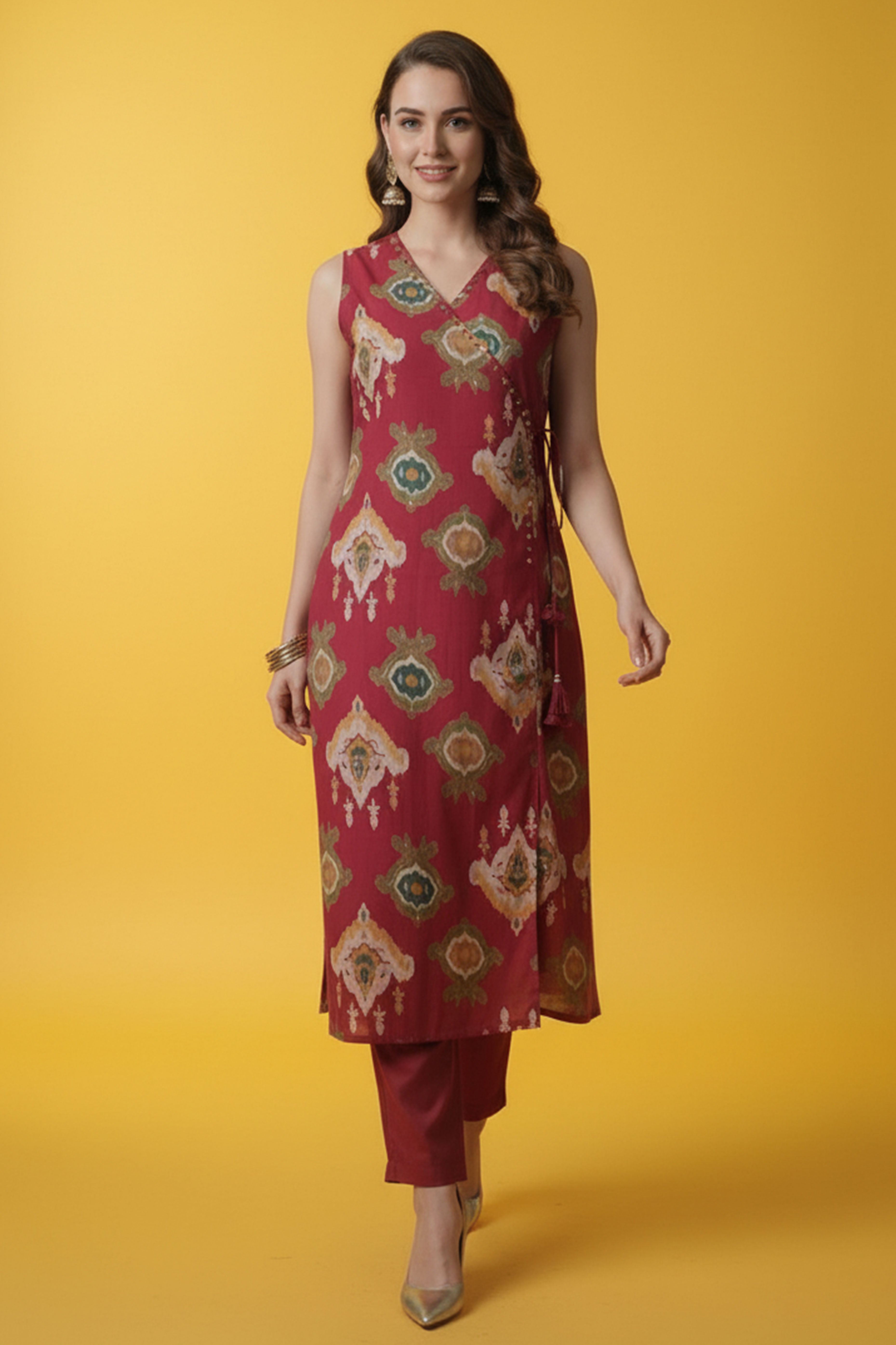 Pink Ikkat Printed Pure Cotton Two-Piece Angrakha Outfit for Women