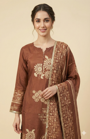 Soft Muslin Brown Embroidered Straight Cut Salwar Suit for Festive Occasions