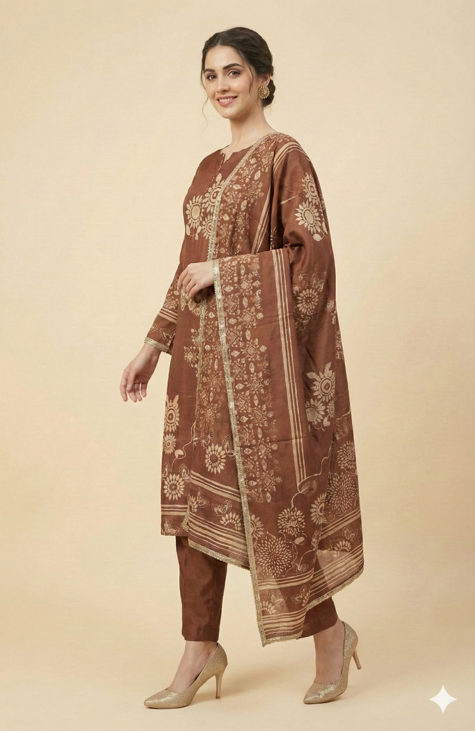 Soft Muslin Brown Embroidered Straight Cut Salwar Suit for Festive Occasions