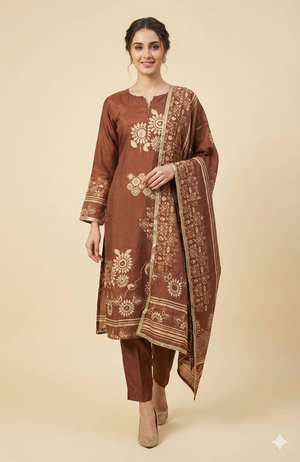 Soft Muslin Brown Embroidered Straight Cut Salwar Suit for Festive Occasions
