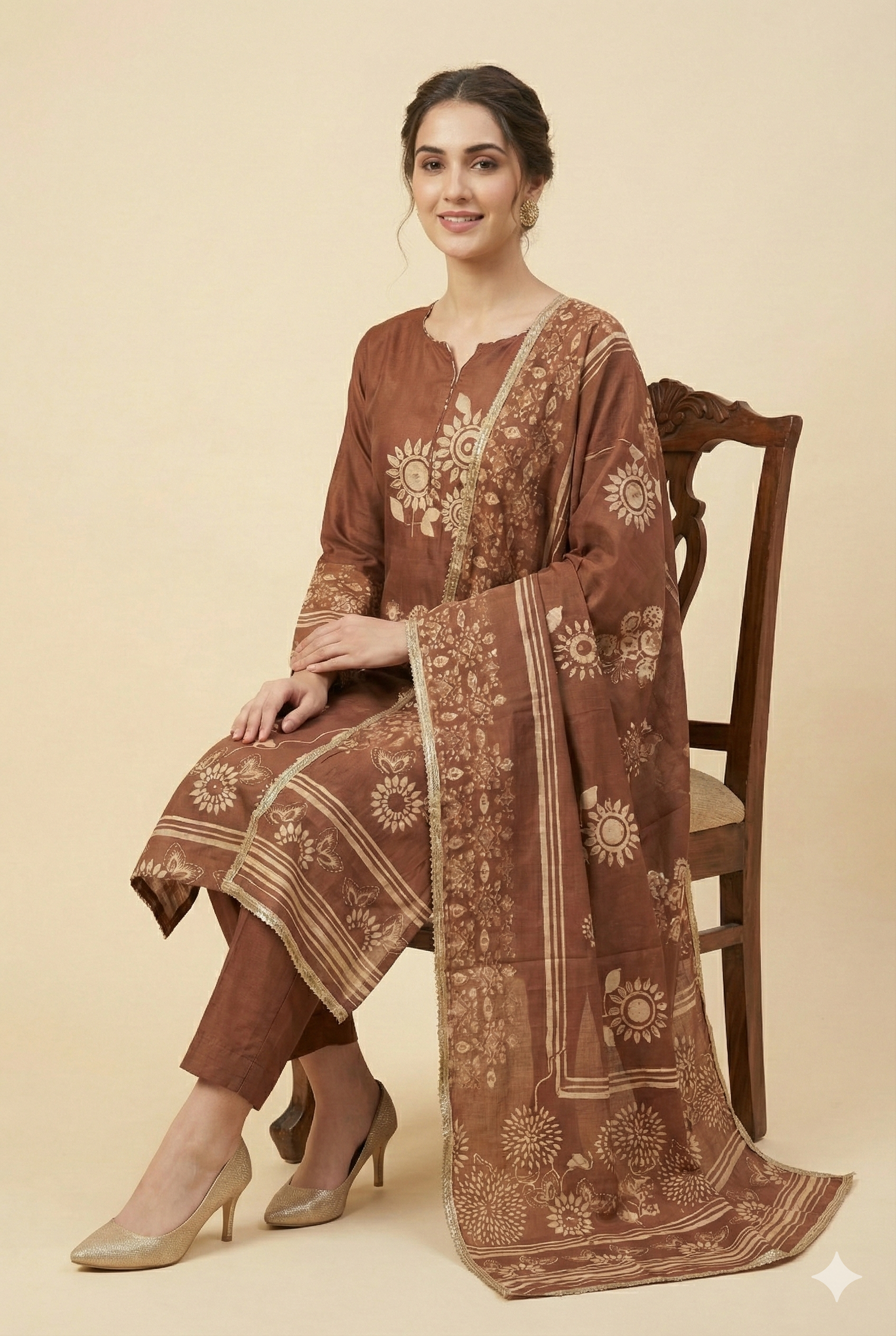 Soft Muslin Brown Embroidered Straight Cut Salwar Suit for Festive Occasions