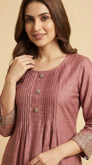 Pink Weaving Chanderi Silk Straight Cut Suit Adorned With Cording Embroidery & Sparkling Sequins