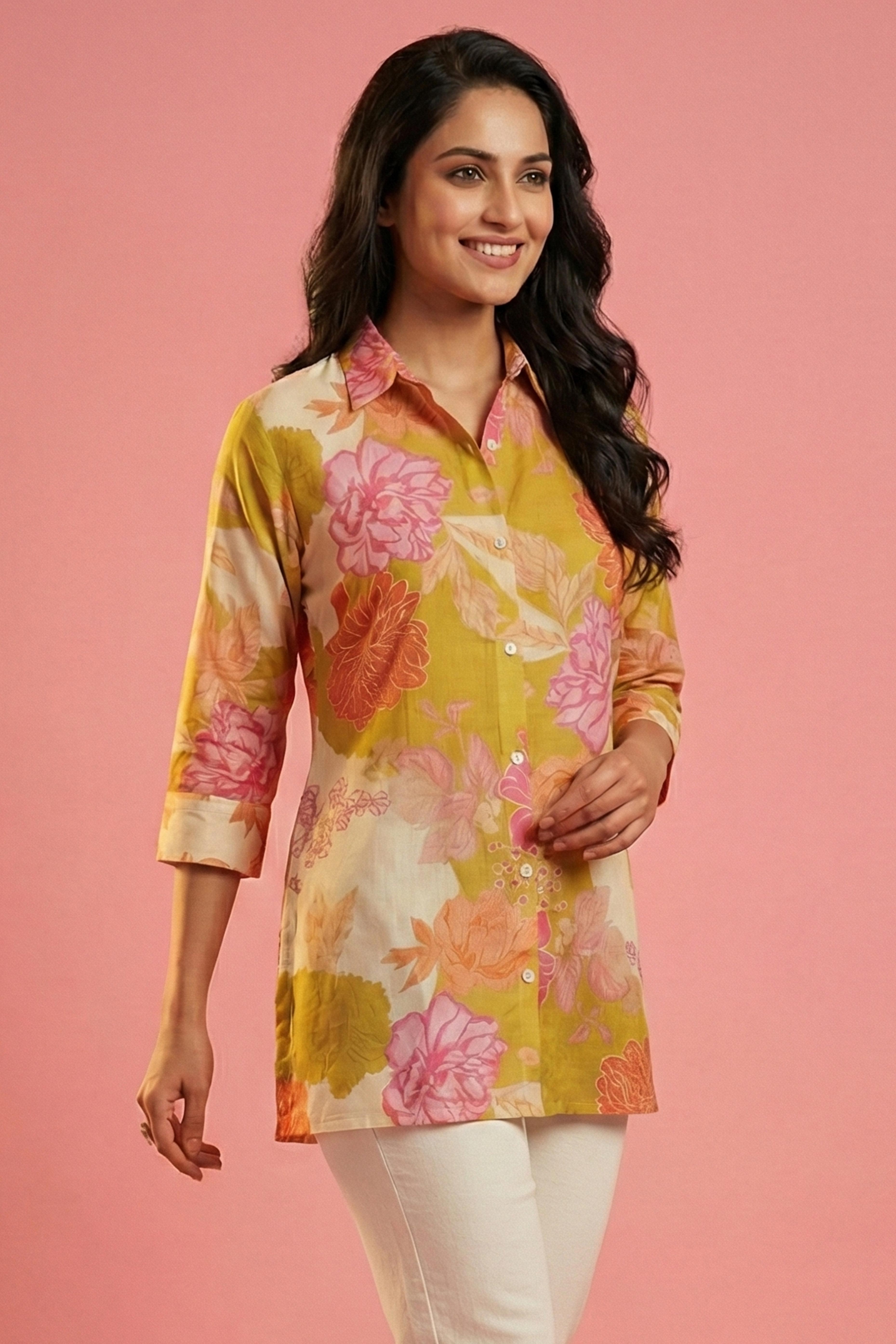 Multicolor Floral Printed Muslin Straight Shirt Top