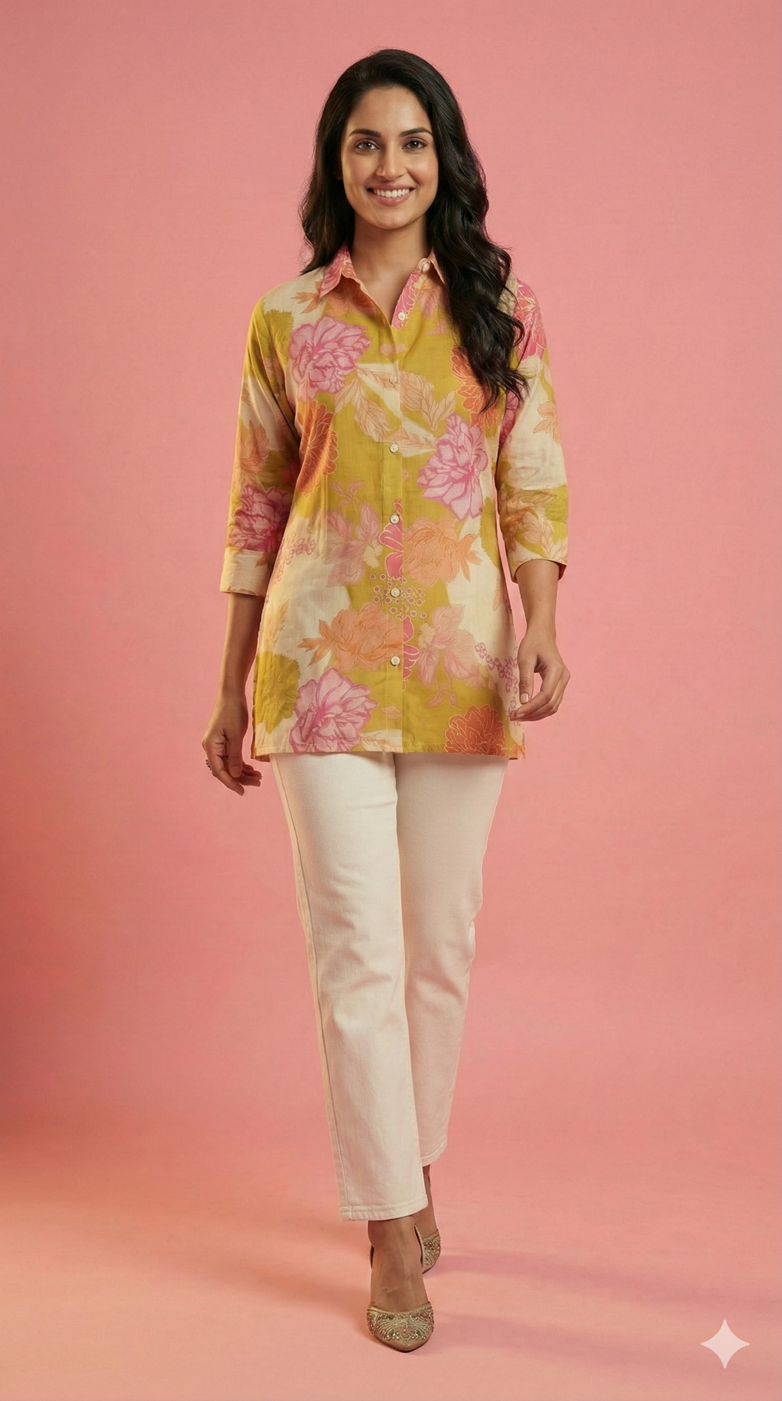 Multicolor Floral Printed Muslin Straight Shirt Top