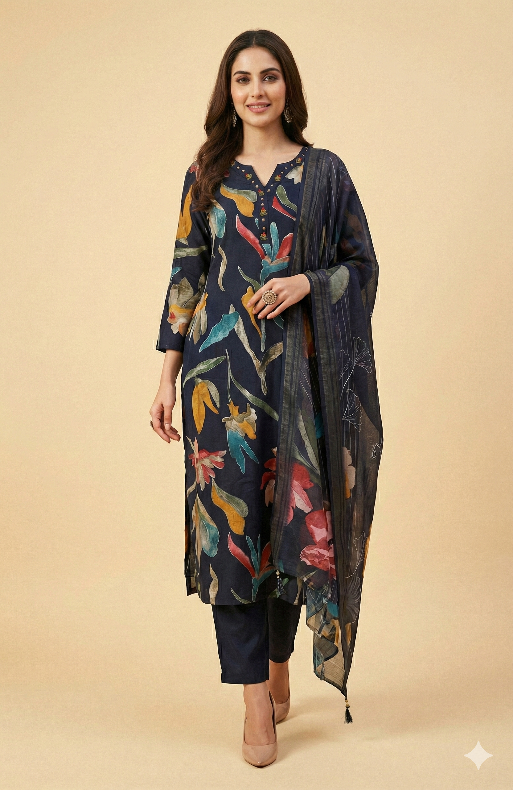 Navy Blue All Over Floral Viscose Rayon Straight Kurta Set Festive Glam