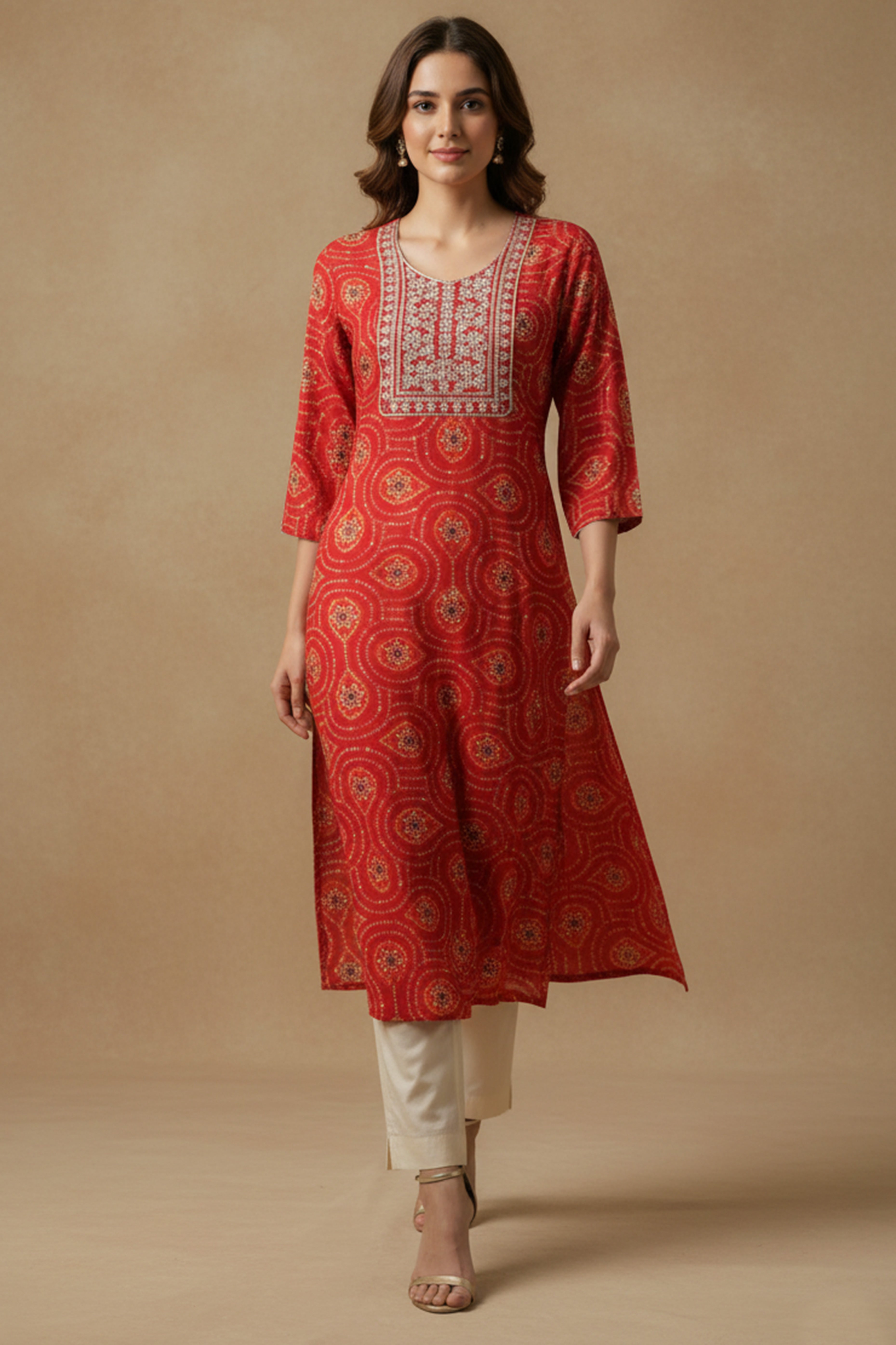 Red Bandhani Rayon Straight Kurti with Traditional Print