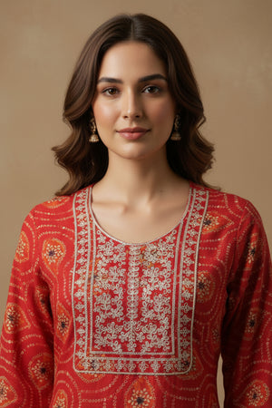 Red Bandhani Rayon Straight Kurti with Traditional Print