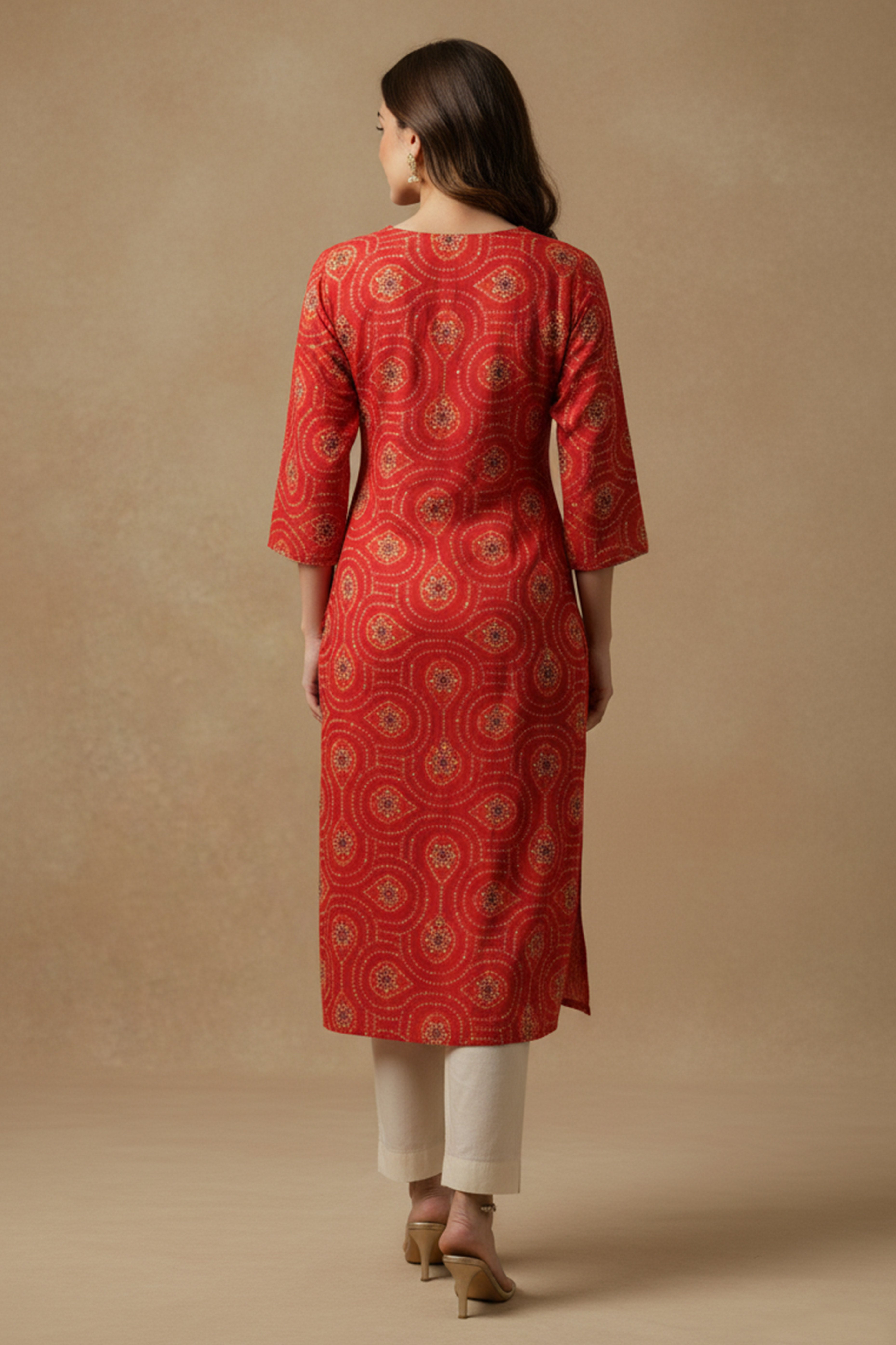 Red Bandhani Rayon Straight Kurti with Traditional Print