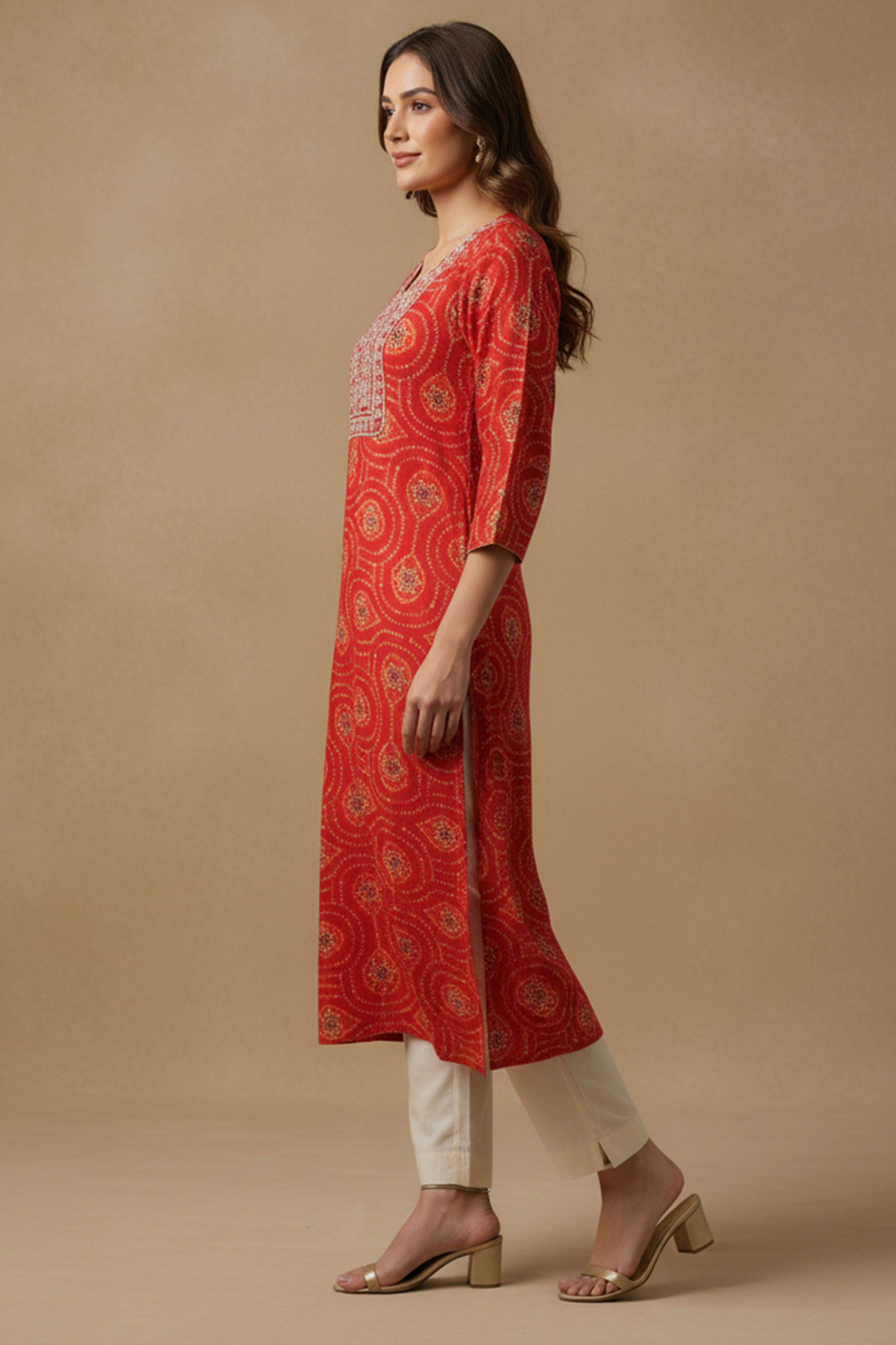 Red Bandhani Rayon Straight Kurti with Traditional Print