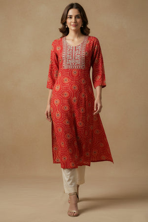 Red Bandhani Rayon Straight Kurti with Traditional Print