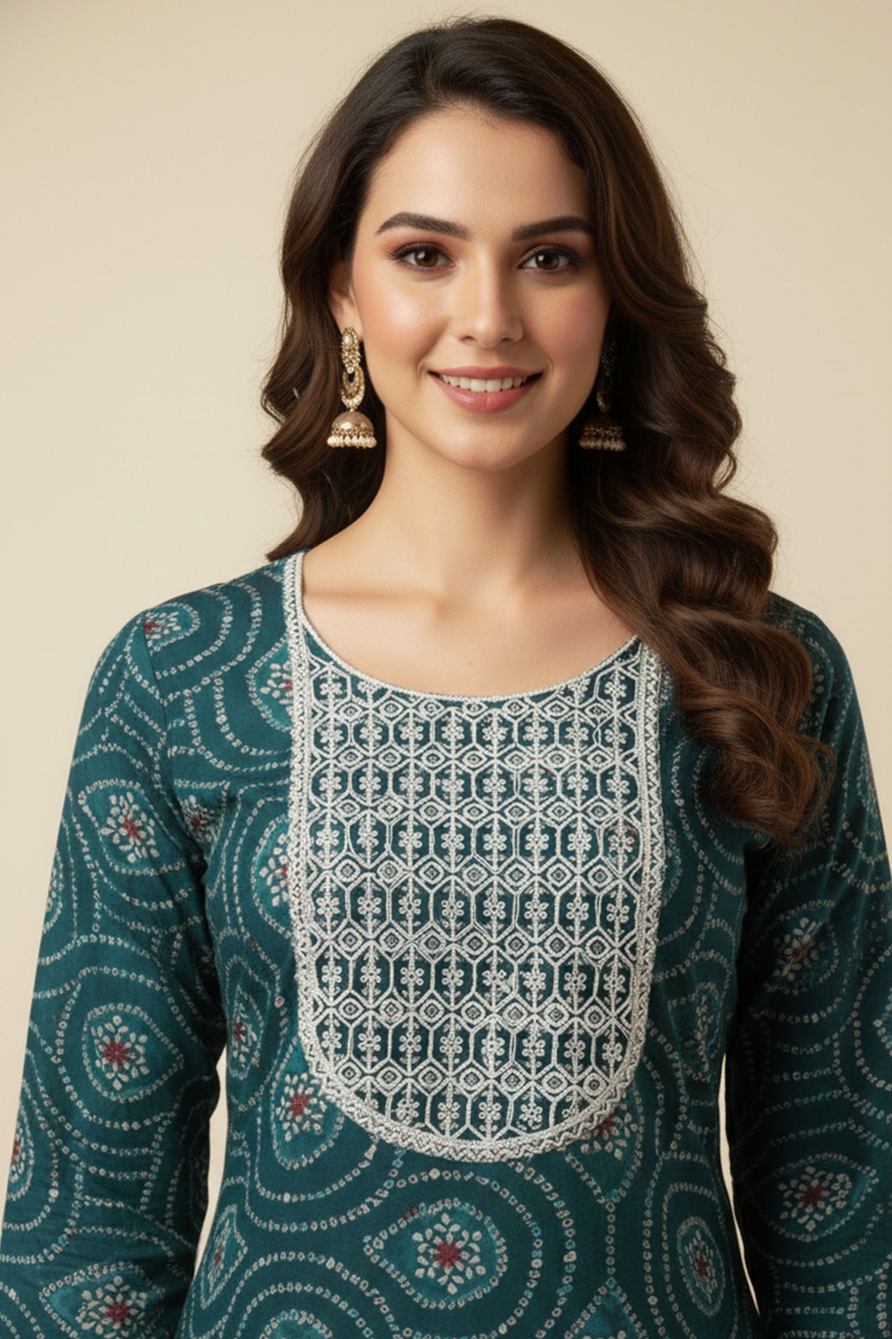 Teal Bandhani Rayon Straight Kurti with Traditional Print