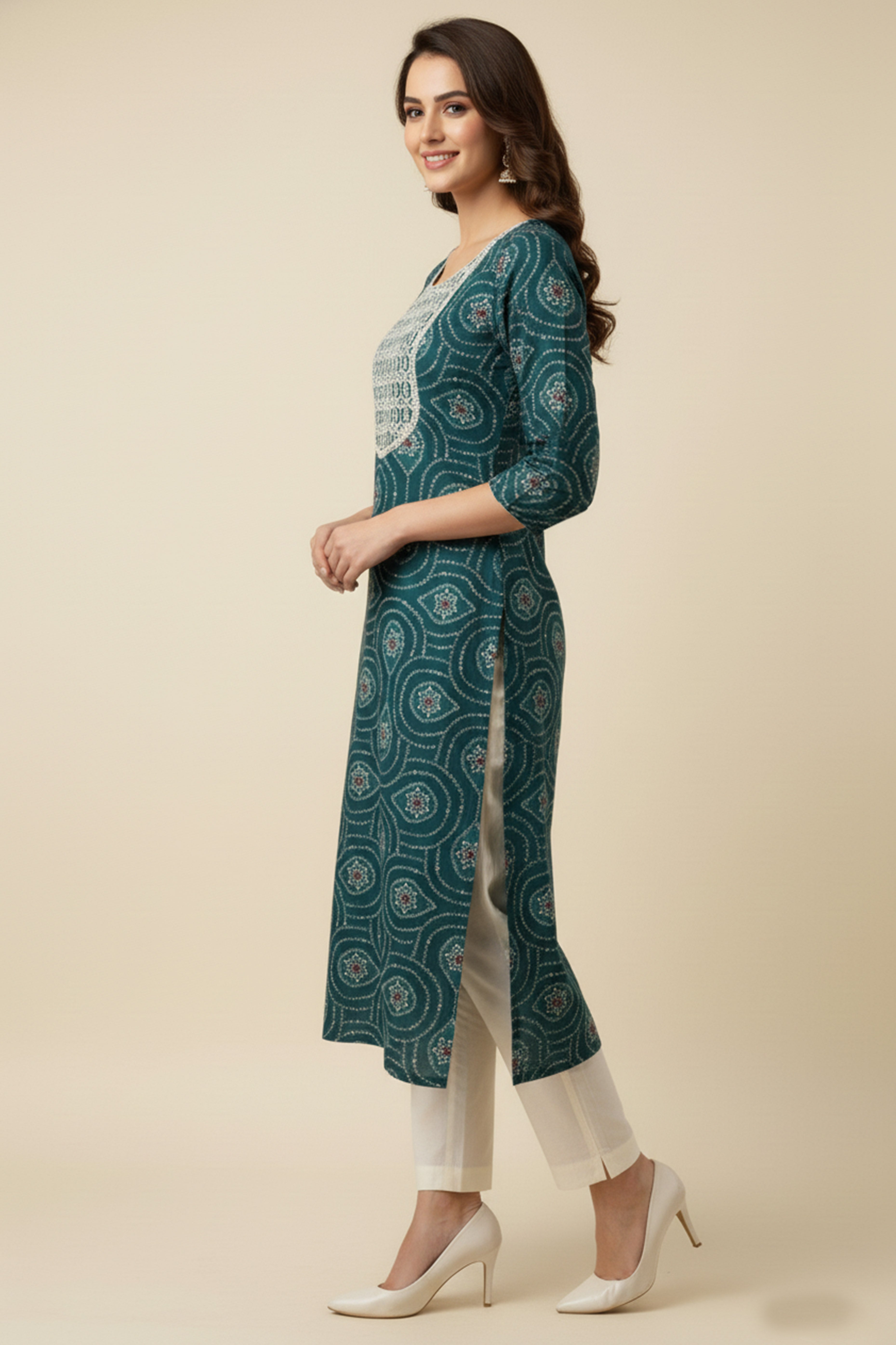 Teal Bandhani Rayon Straight Kurti with Traditional Print