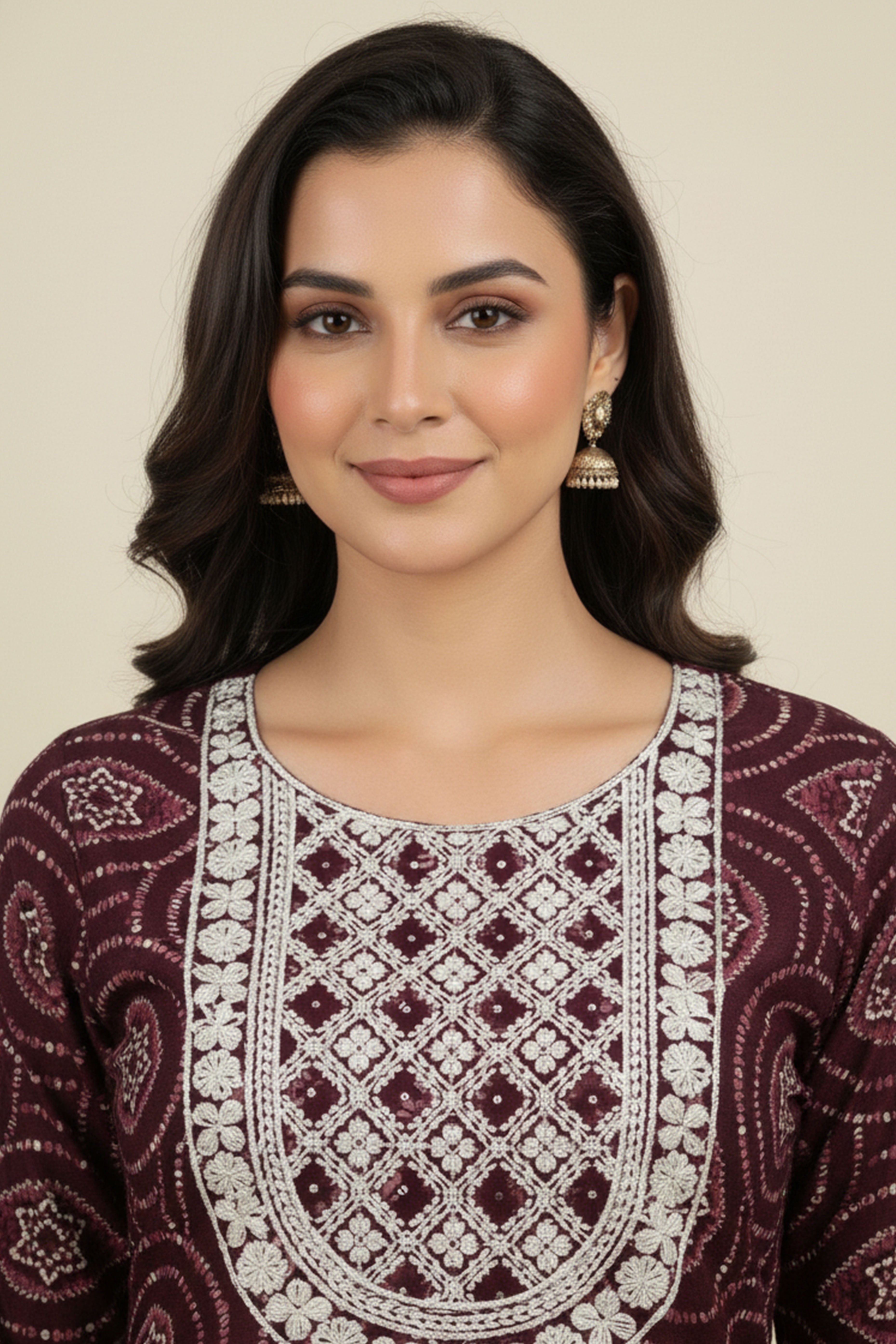 Wine Bandhani Rayon Straight Kurti with Traditional Print