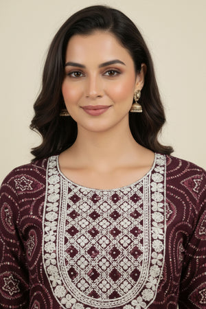 Wine Bandhani Rayon Straight Kurti with Traditional Print