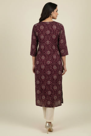 Wine Bandhani Rayon Straight Kurti with Traditional Print