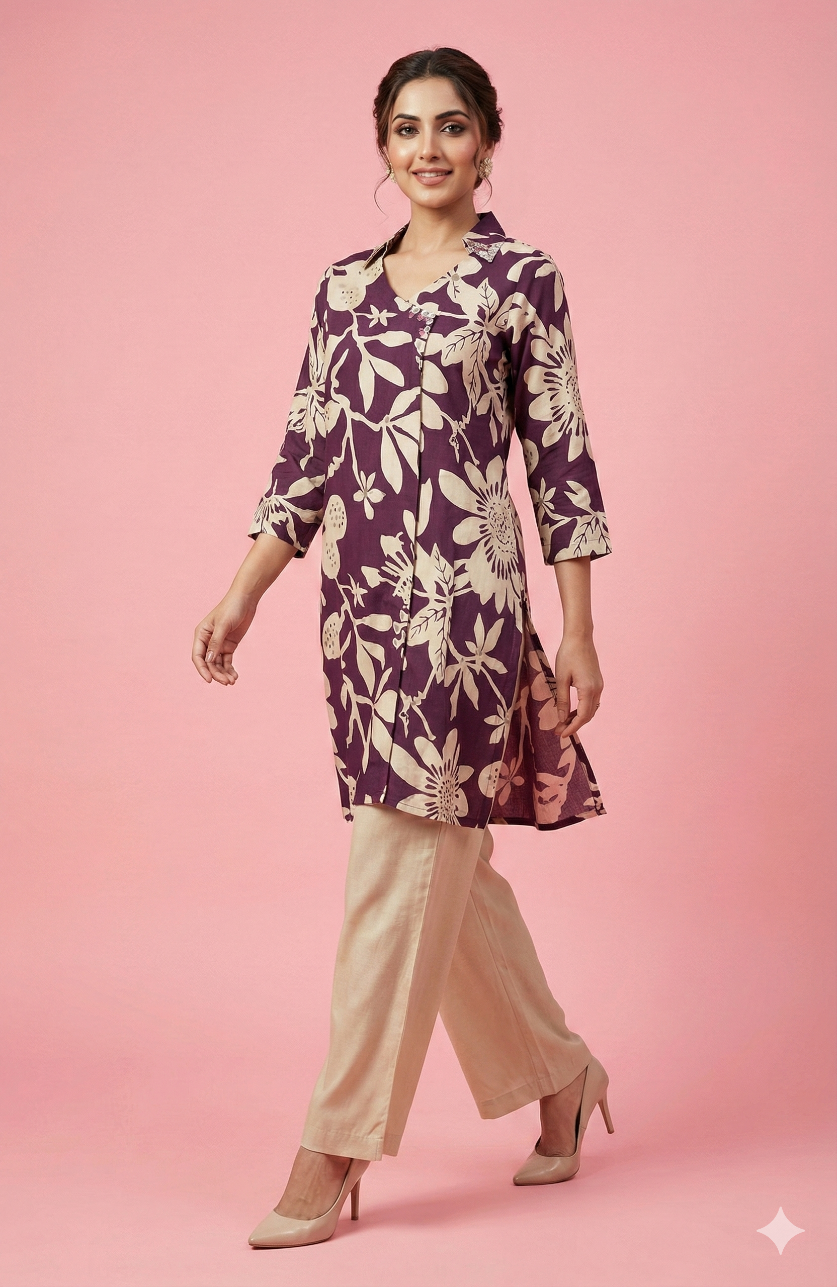 Purple Angrakha Overlap Kurta Floral Printed Muslin Co Ord Set Party Wear