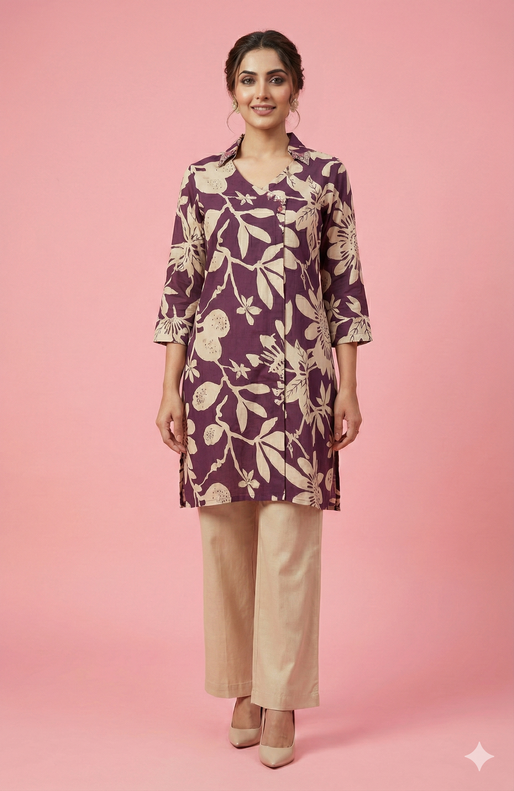 Purple Angrakha Overlap Kurta Floral Printed Muslin Co Ord Set Party Wear