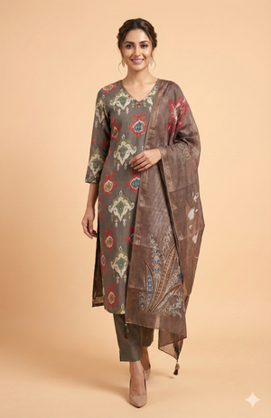 Grey Ikkat Printed Viscose Straight Fit Salwar Suit for a Stylish Ethnic Look