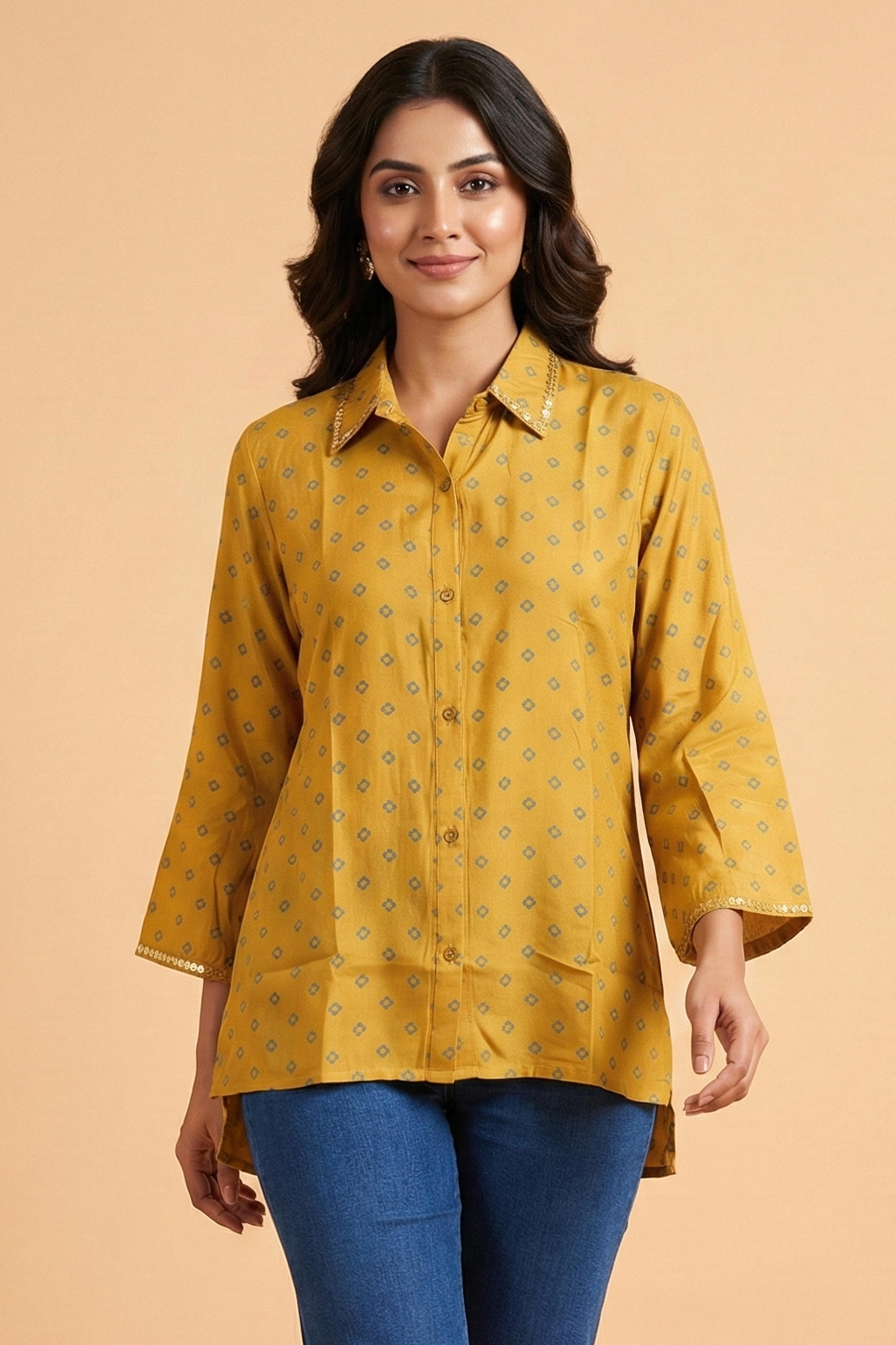 Yellow Floral Printed Straight Muslin Shirt Top Perfect for Chic Daily Outfits