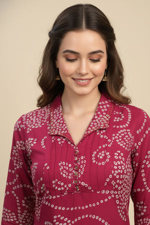 Pink Bandhani Print Straight Fit Top Bottom Set in Comfortable Rayon Fabric