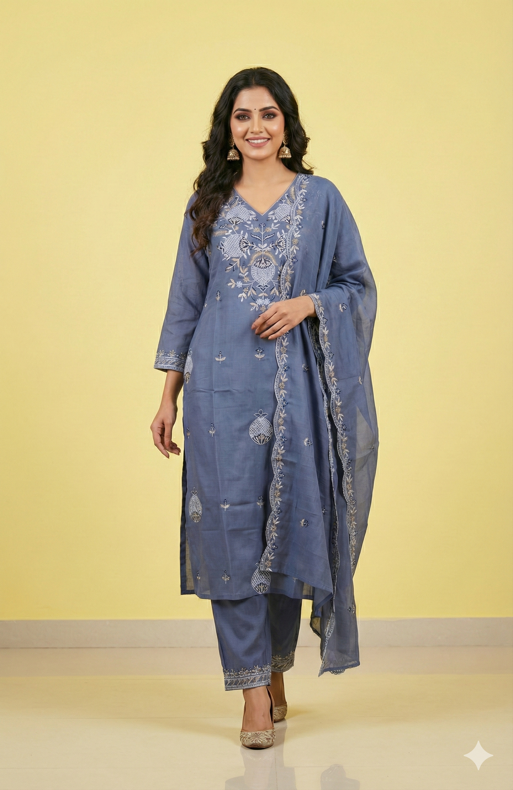 Lavender Grey Designer Chanderi Salwar Suit Featuring Intricate Floral Embroidery