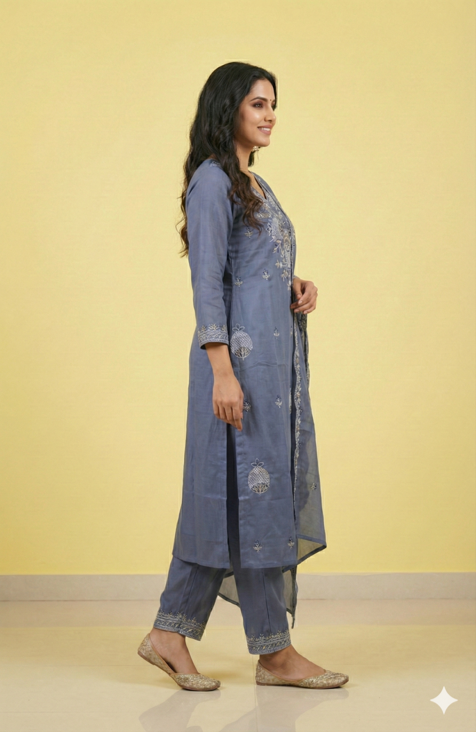 Lavender Grey Designer Chanderi Salwar Suit Featuring Intricate Floral Embroidery