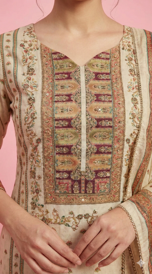 Cream Classic Straight Cut Suit with Delicate Floral Print and Beads Embellishment