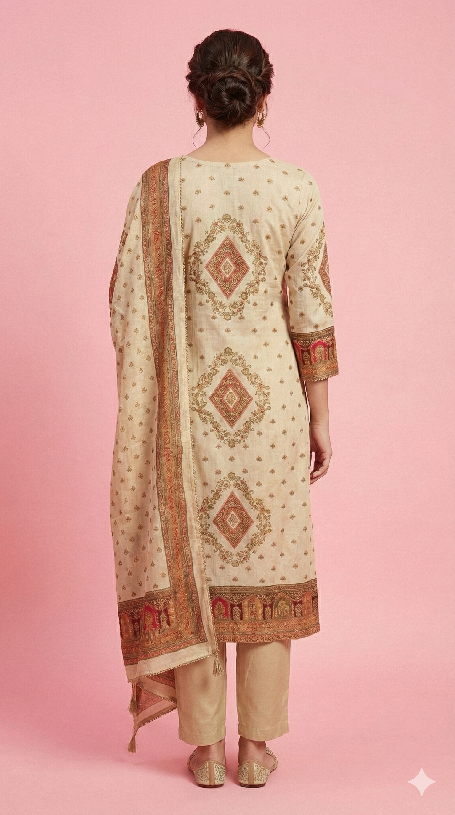 Cream Classic Straight Cut Suit with Delicate Floral Print and Beads Embellishment