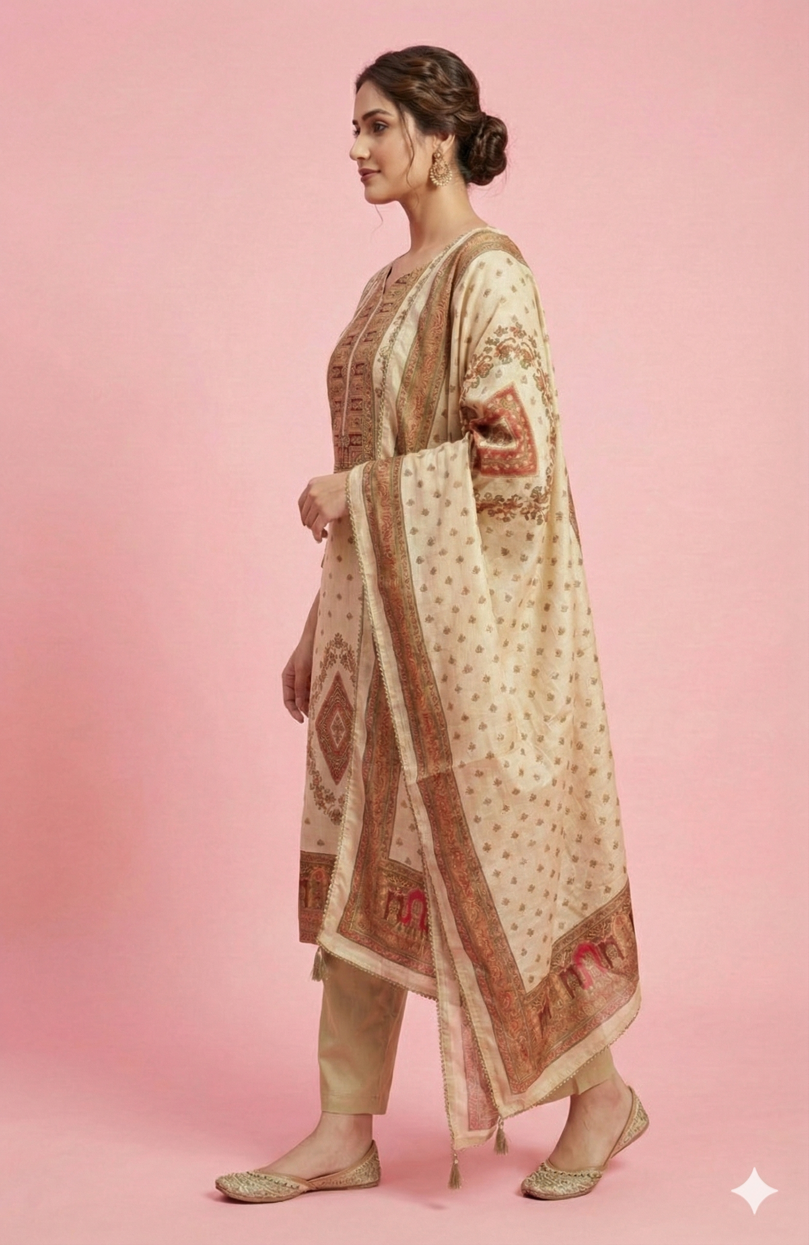 Cream Classic Straight Cut Suit with Delicate Floral Print and Beads Embellishment