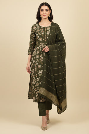 Green Straight Cut Viscose Salwar Suit with Charming Floral Patterns