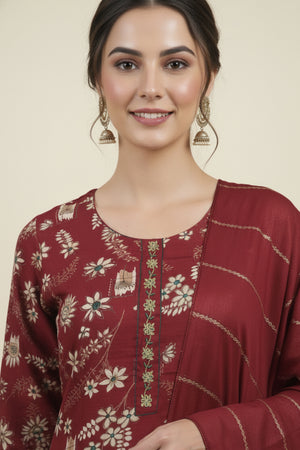 Red Straight Cut Viscose Salwar Suit with Charming Floral Patterns