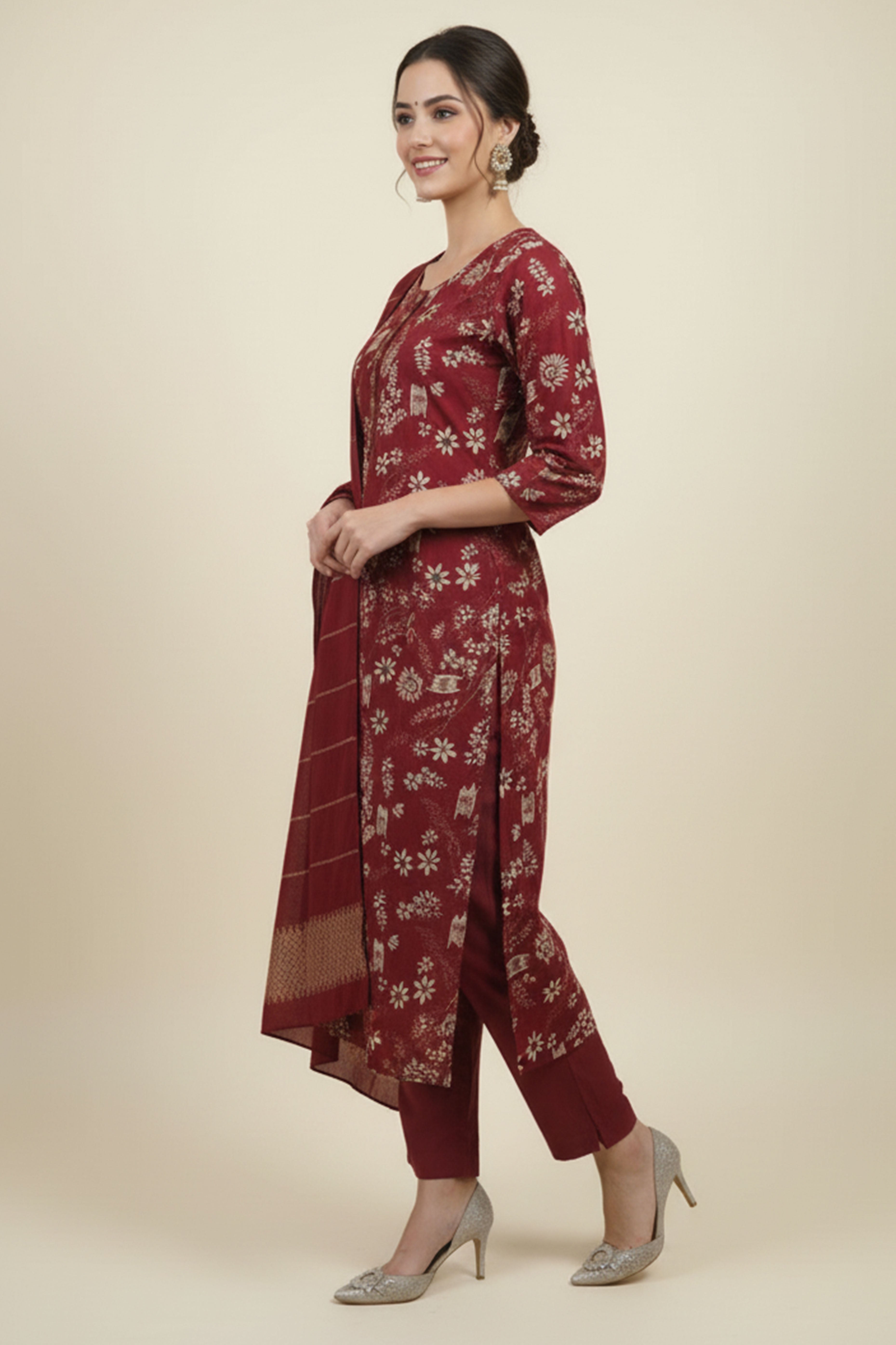 Red Straight Cut Viscose Salwar Suit with Charming Floral Patterns