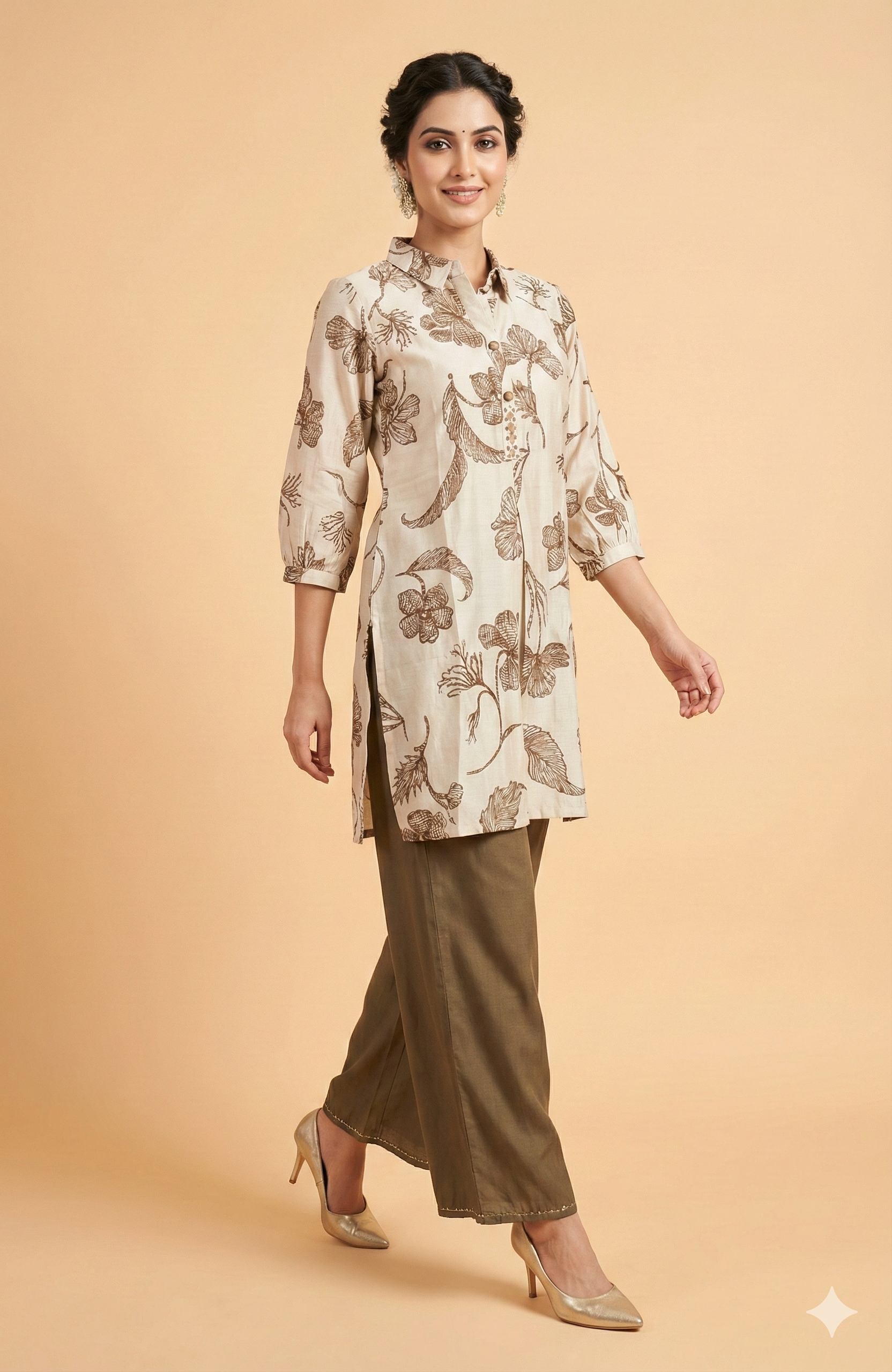 Beige Floral Printed Viscose Straight Cut Top Bottom Set with Minimal Ethnic Charm