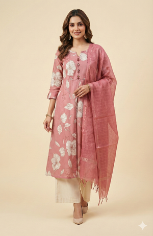 Pink Floral Print Viscose A Line Salwar Suit Comfortable Ethnic Essential
