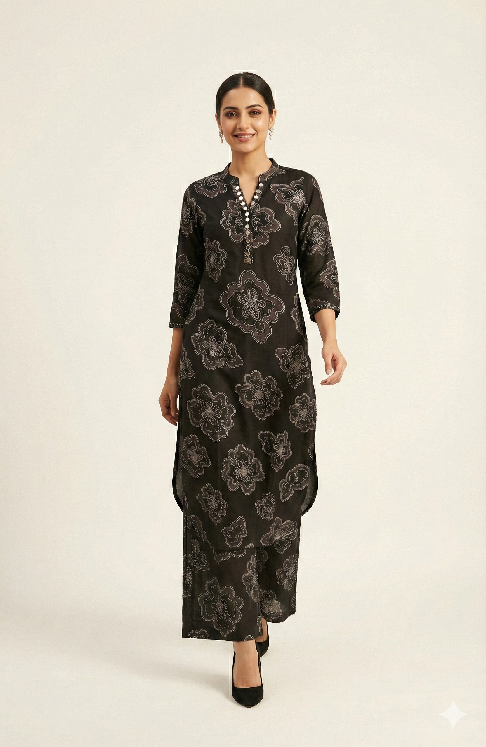 Black Contemporary Floral Printed Viscose Straight Cut Top & Bottom Set