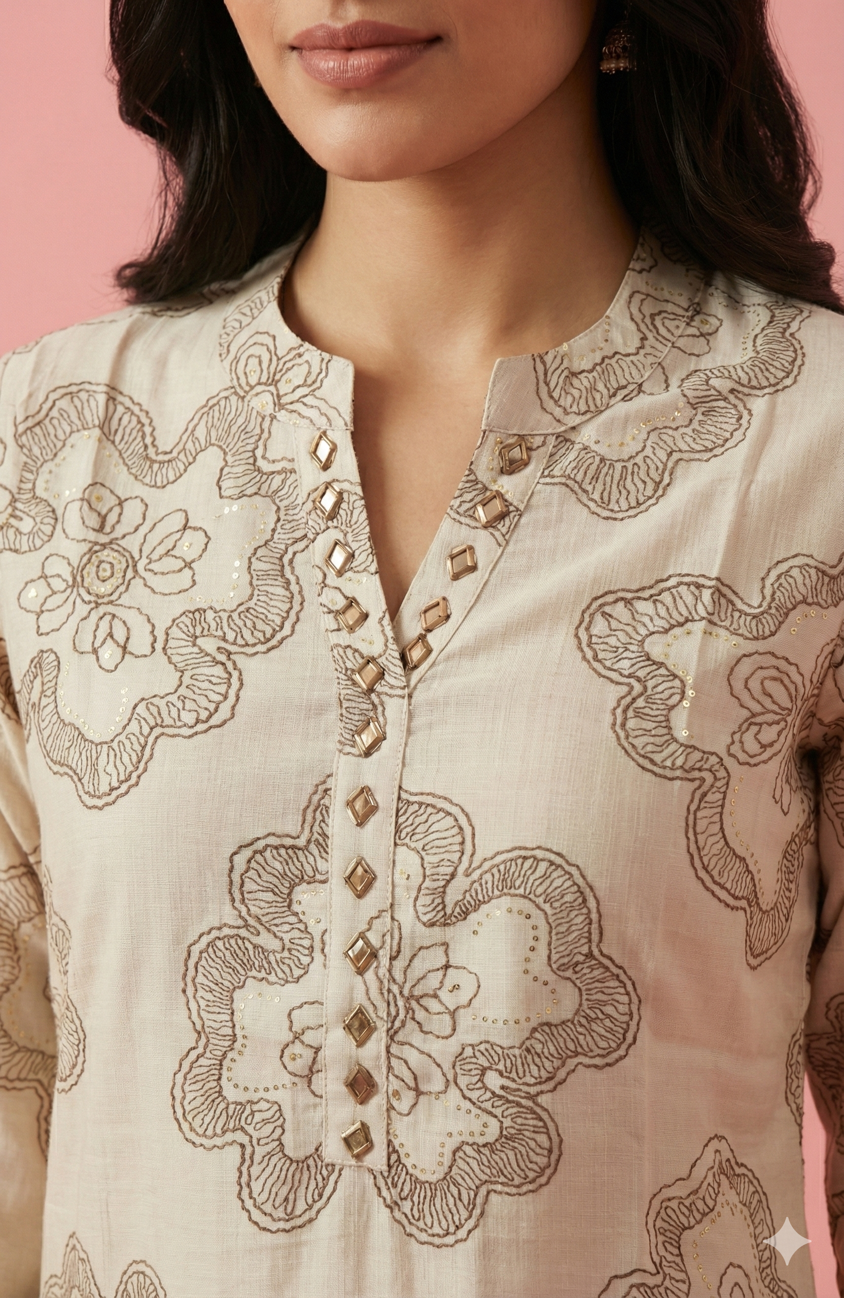 Off-White Straight-Cut Viscose Top and Bottom Set Accented with Floral Foil Printing