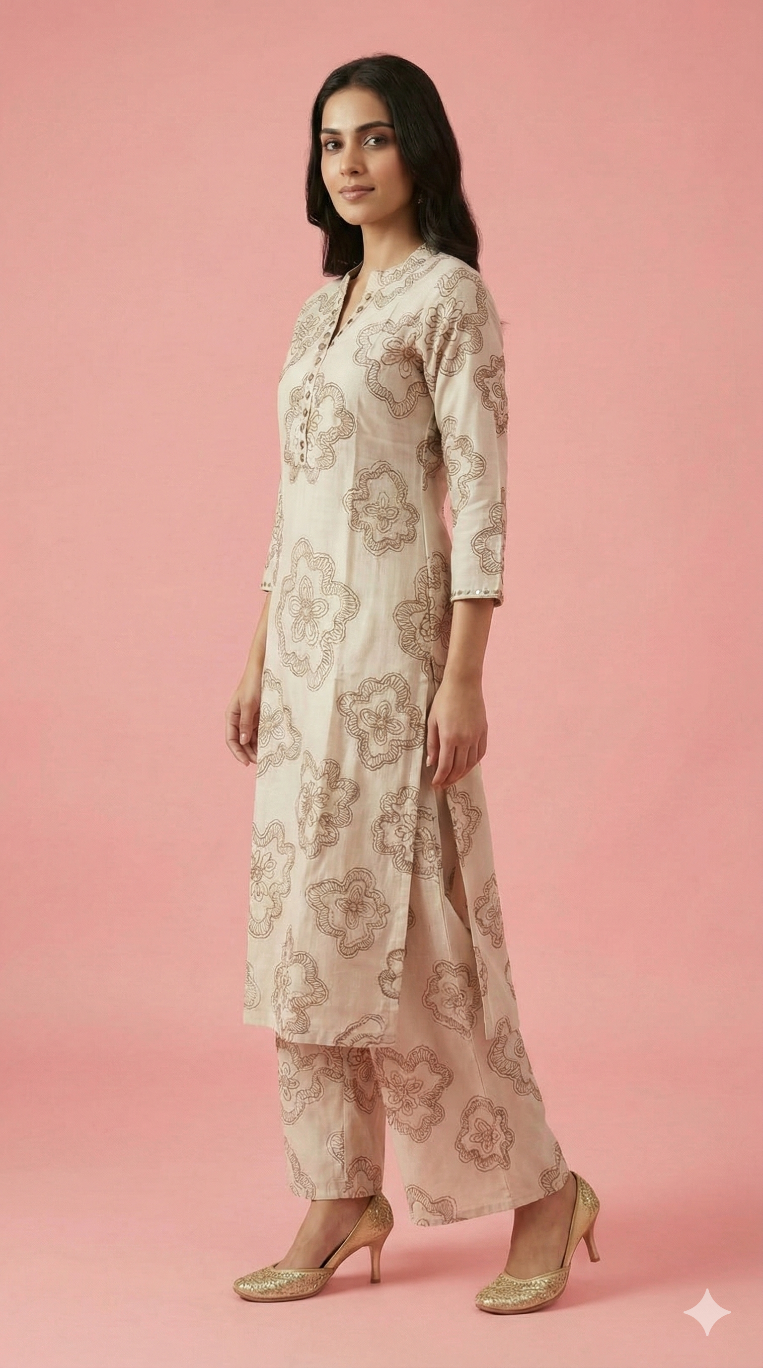 Off-White Straight-Cut Viscose Top and Bottom Set Accented with Floral Foil Printing