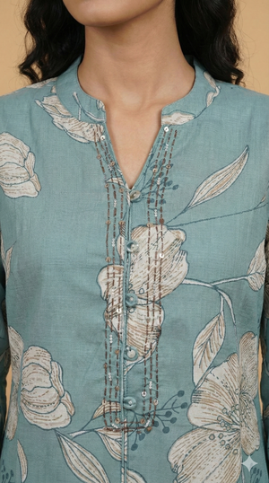 Sky Blue Lightweight Viscose Straight-Cut Top & Bottom Set with Floral Design
