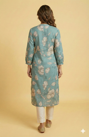 Sky Blue Lightweight Viscose Straight-Cut Top & Bottom Set with Floral Design
