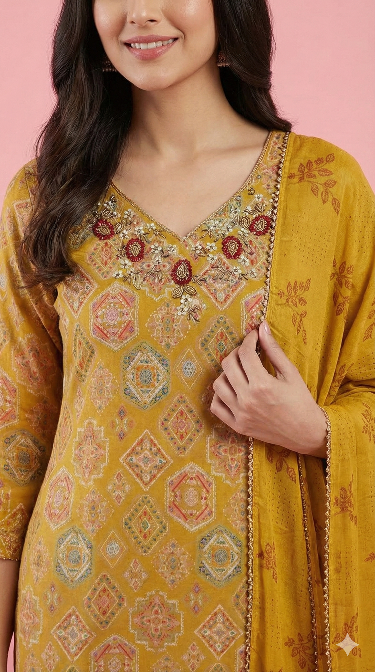 Yellow Elegant Rayon Straight Suit Accented with Geometric Prints and Handcrafted Bead Work