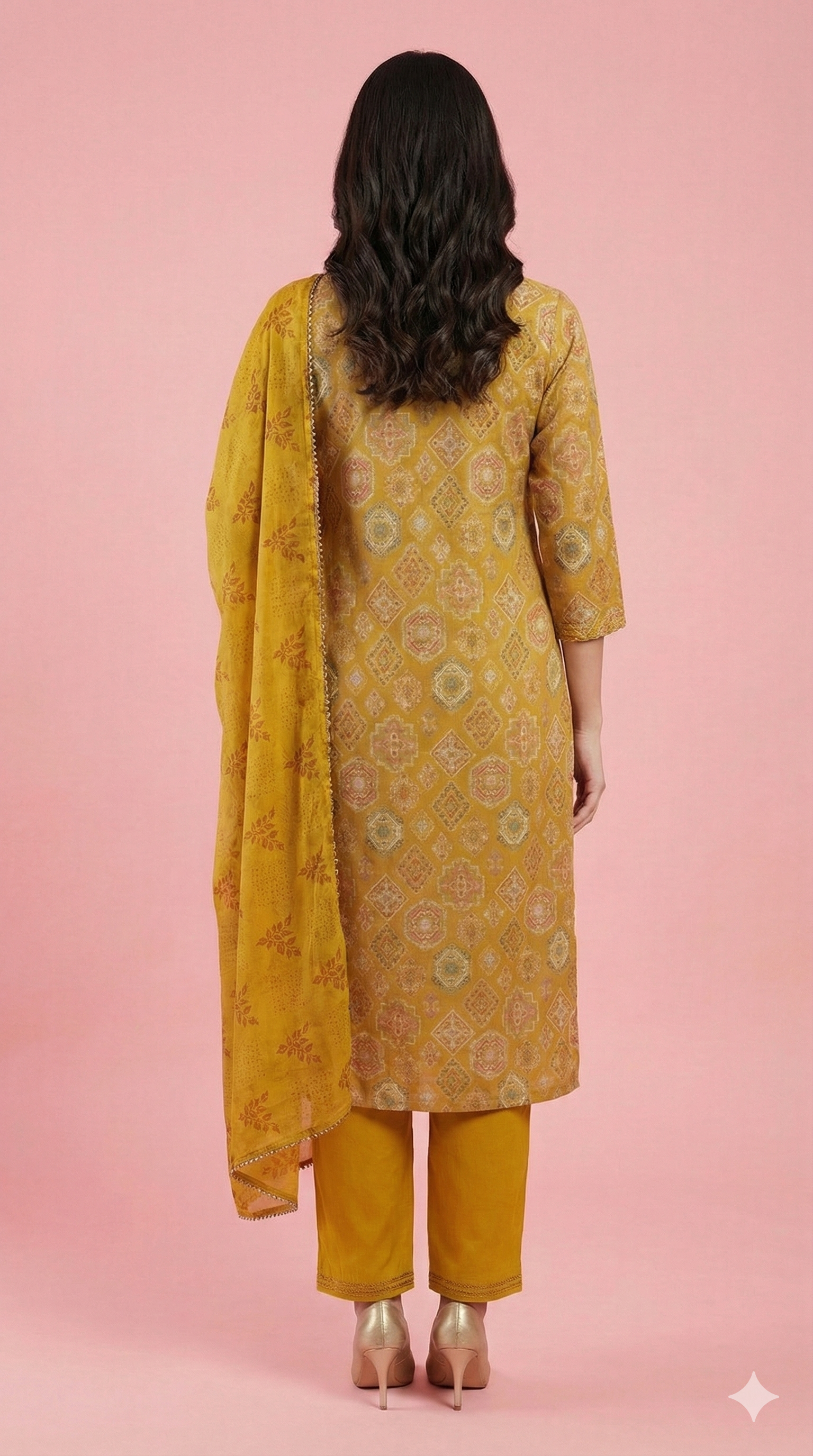 Yellow Elegant Rayon Straight Suit Accented with Geometric Prints and Handcrafted Bead Work