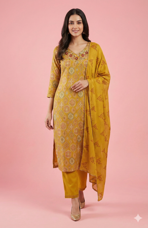 Yellow Elegant Rayon Straight Suit Accented with Geometric Prints and Handcrafted Bead Work
