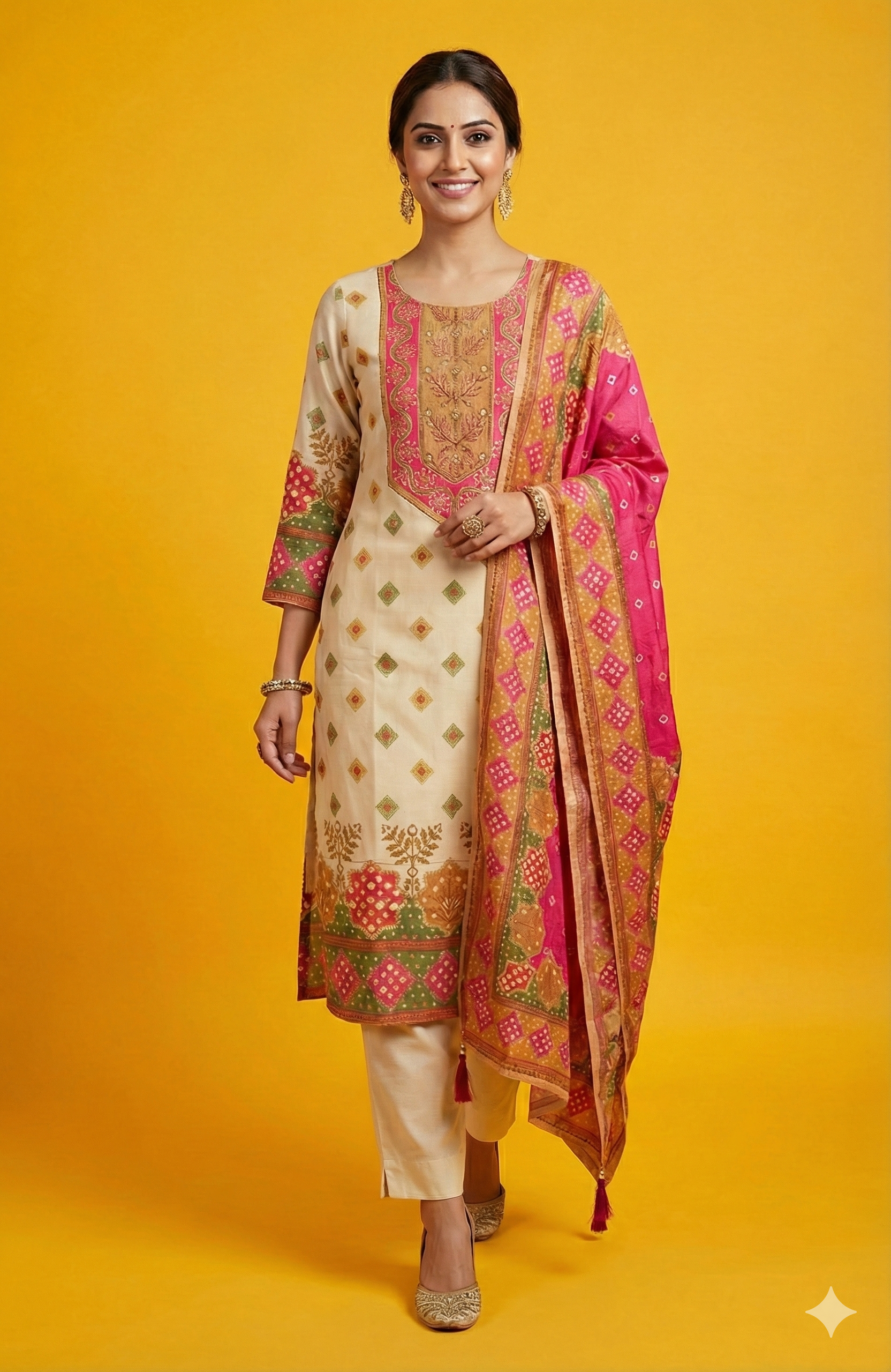 Cream Muslin Straight Cut Suit with Traditional Bandhani Style Print and Elegant Handwork Finish