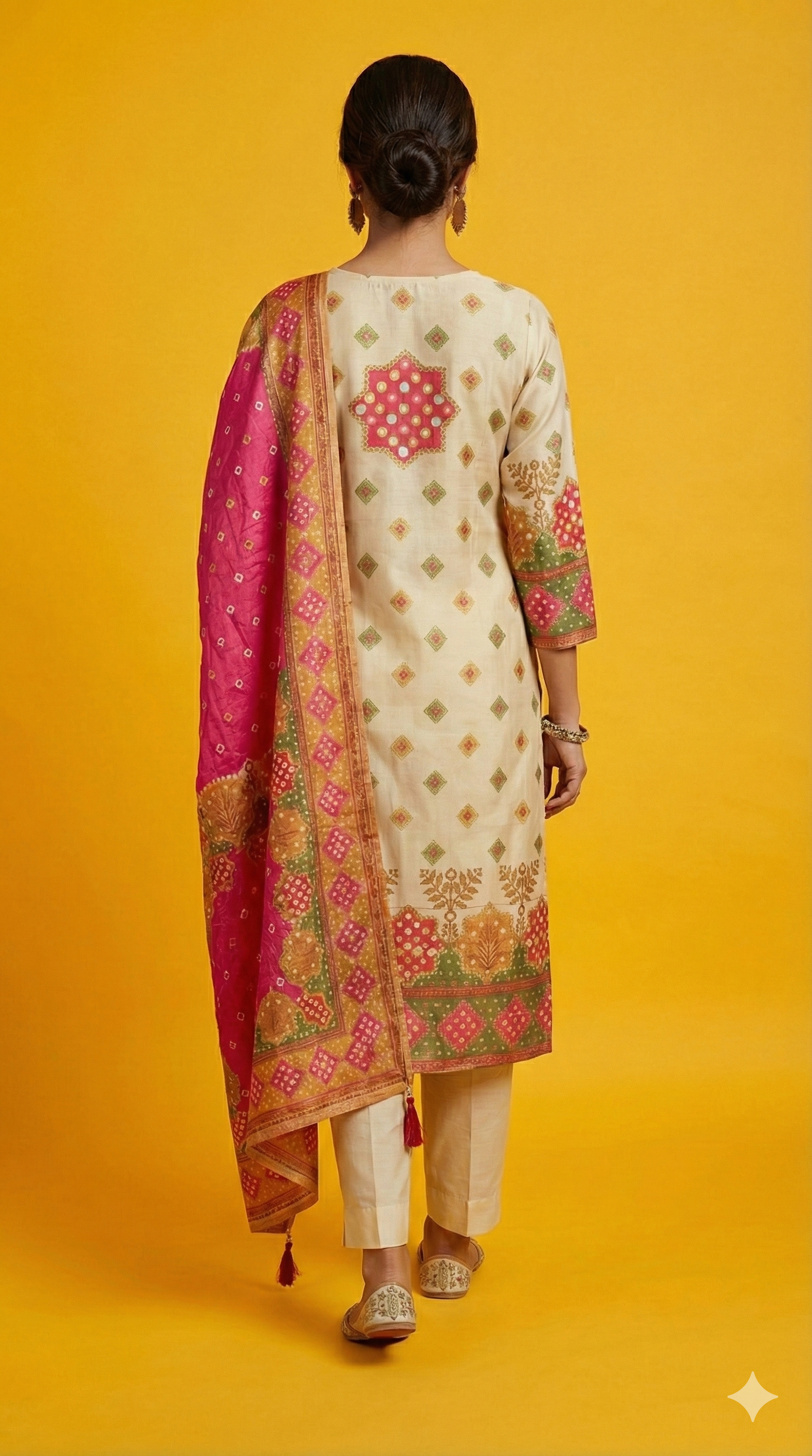 Cream Muslin Straight Cut Suit with Traditional Bandhani Style Print and Elegant Handwork Finish