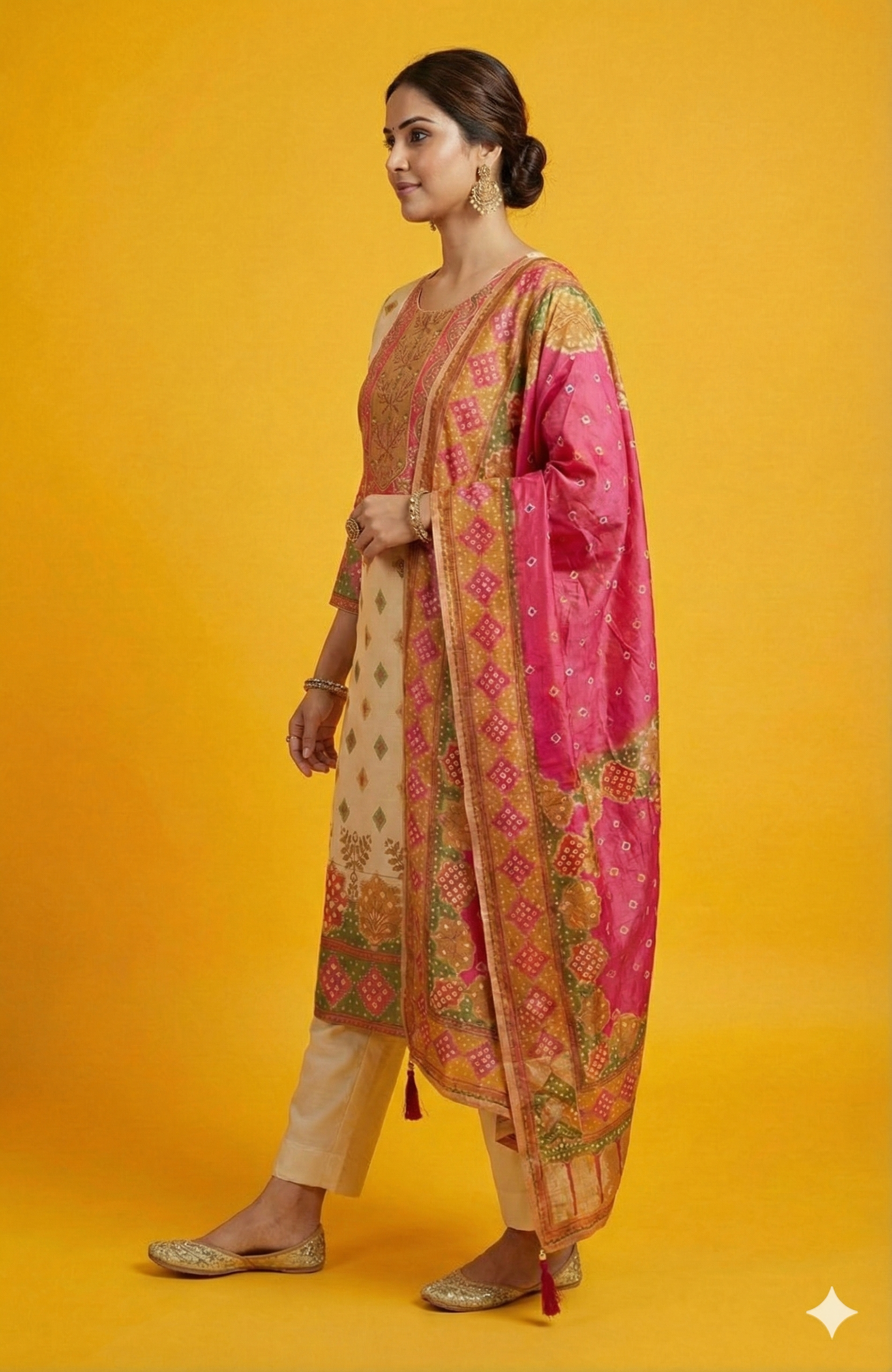 Cream Muslin Straight Cut Suit with Traditional Bandhani Style Print and Elegant Handwork Finish